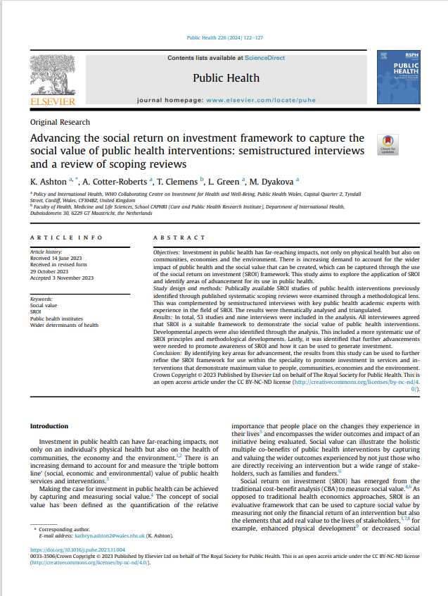 Journal article first page: Advancing the Social Return on Investment Framework to Capture the Social Value of Public Health Interventions: Semistructured Interviews and a Review of Scoping Reviews